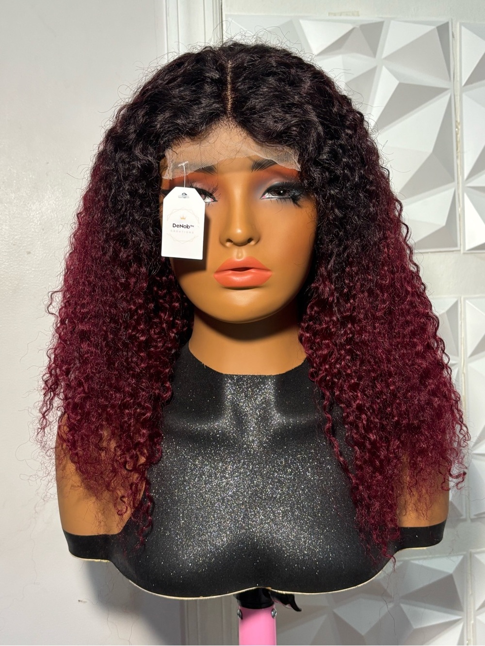16 Inch 100% Human Hair Burgundy Jerry Curl Lace Front Wig with Dark Roots